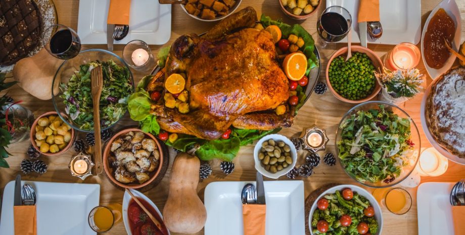 Above view of place setting with healthy food on Thanksgiving day