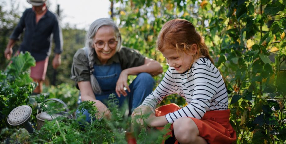 A grandmother and child in the garden together.